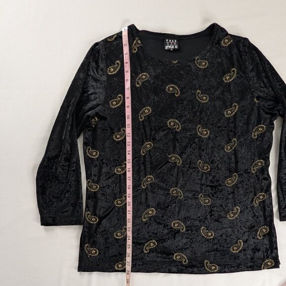 VTG Black Velvet Long Sleeve Gold Embroidered Paisley All Over Print Y2k Top - Picture 4 of 6